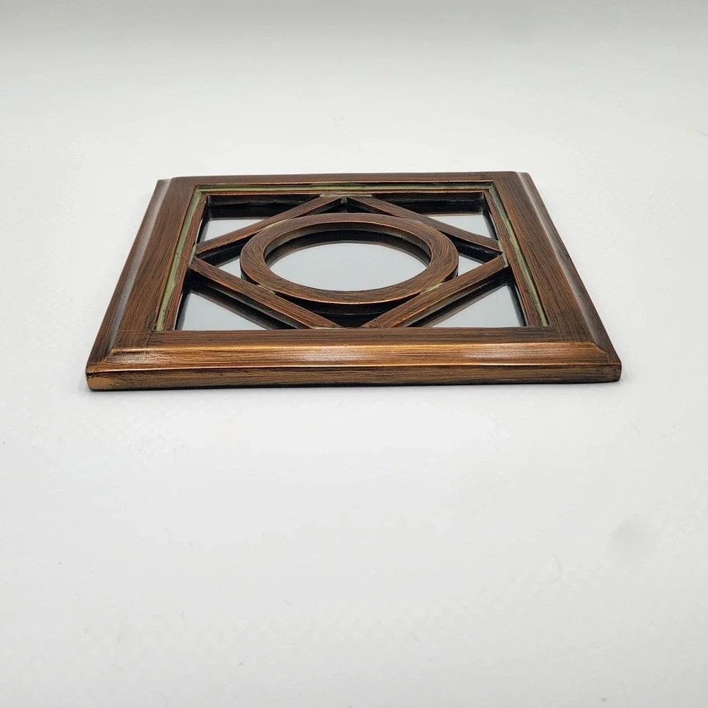 Vintage 70s Brass Tone Wall Mirror Geometric Layered Modernist Accent Decor 10